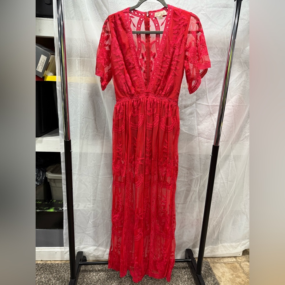 Honey Punch Red Flutter Sleeve Plunge Maxi Gown